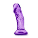 The Sweet n Small Beginner 4 Inch Dildo with Suction Cup by Blush is a purple, translucent silicone dildo that boasts a phthalate-free composition, realistic texture, slightly curved shape, and a convenient suction base.