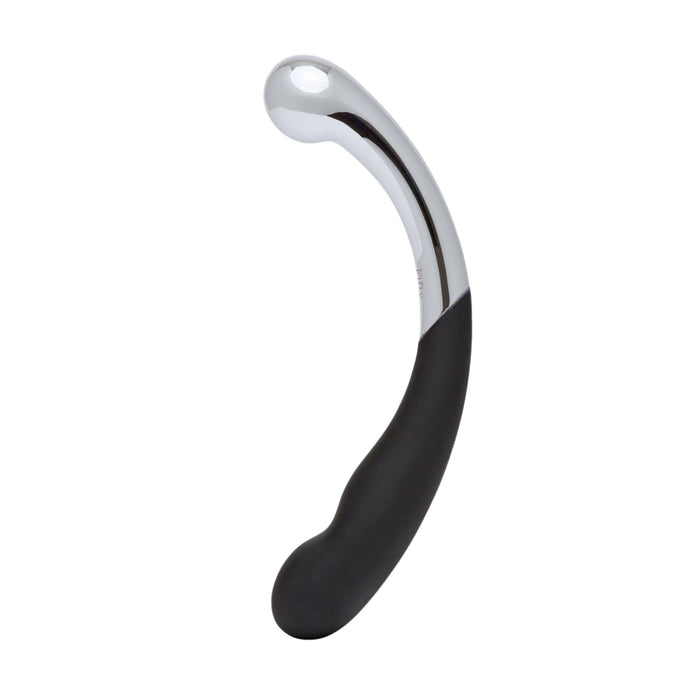 The Sweet Pressure Metal & Silicone Double Ended Dildo is a curved, two-tone G-spot massager with a sleek silver top, black bottom, rounded end, and handle hole—designed for targeted pleasure and versatile exploration.