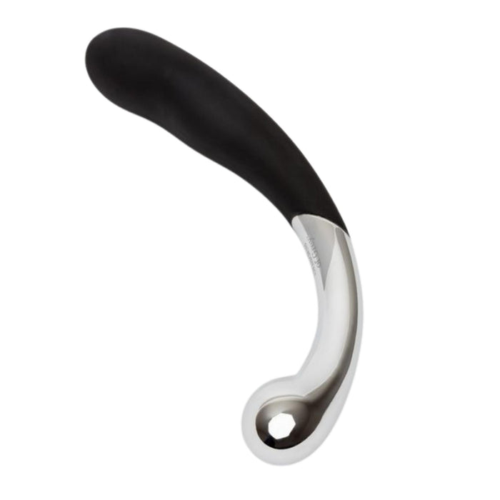 The Sweet Pressure Metal & Silicone Double Ended Dildo features a modern curved design with a black rounded end and a shiny silver handle with a circular hole near the base, shown isolated on a white background.