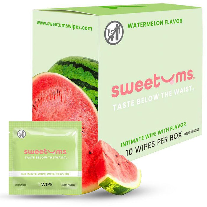 Pictured is a box of Sweetums Flavored Intimate Wipes, featuring the refreshing watermelon flavor. These vegan, plant fiber wipes are pH-balanced for gentle care. The lively packaging contains 10 wipes, with an individual packet and a sliced watermelon displayed in front.