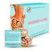 A "Sweetums" box with cinnamon bun flavored wipes is displayed, showcasing a person from behind and cinnamon rolls. Made from plant fibers, these vegan, pH-balanced wipes are packaged with one packet and two cinnamon buns in front.