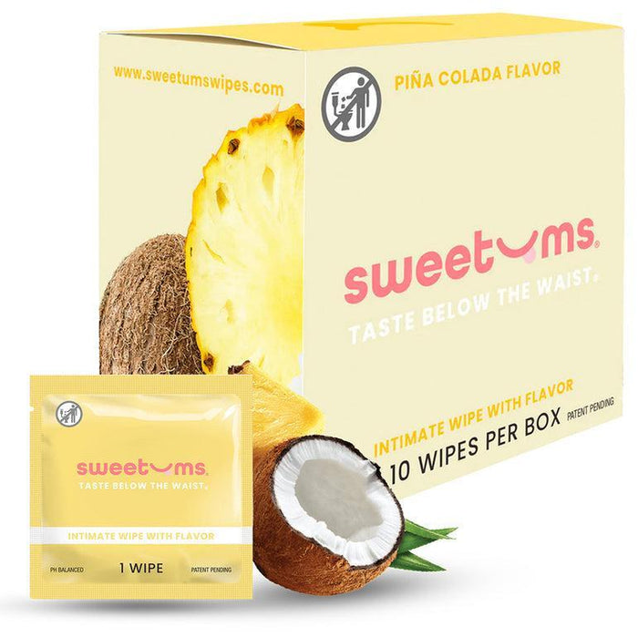 A box labeled "Sweetums Flavored Intimate Wipes - Piña Colada" sits beside an open packet. The packaging, with coconut and pineapple imagery, contains 10 pH-balanced wipes made from plant fibers.
