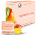 A box of Sweetums Flavored Intimate Wipes - Various Flavors is displayed with a realistic mango image on the packaging. In front, a single vegan wipe packet made with plant fibers and slices of ripe mango ensures a gentle and pH-balanced experience.