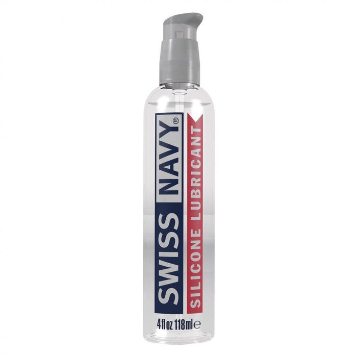 A 4 fl oz (118 ml) clear plastic bottle of Swiss Navy Silicone Lubricant from Swiss Navy, featuring a gray pump top and a label with bold blue and red text that highlights its long-lasting lubrication and compatibility with latex condoms.