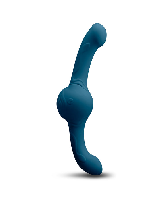 An isolated image of a modern, blue premium silicone Tsunami Thrusting Shaking Gyrating Double Ended Vibrating Dildo with Remote, by NS Novelties, with a curved design, standing upright against a white background.