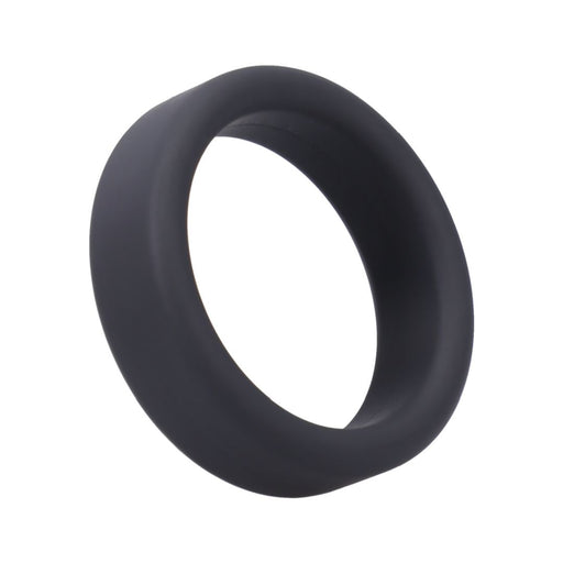 A simple black Tantus Super Soft 1.5 inch Cock Ring with a circular shape isolated on a white background.