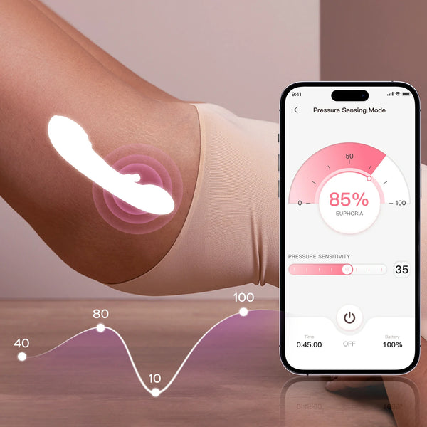 A person in light shorts reclines with the Tempo G-Spot Tapping Pressure Sensing App-Controlled Vibrator near their hip. Nearby, a smartphone displays “Pressure Sensing Mode” at 85% euphoria with g-spot stimulation and timer controls.