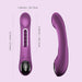 Tempo G-Spot Tapping Pressure Sensing App-Controlled Vibrator in purple, features a curved design for g-spot stimulation. Shown from front and side, it measures 8.3" long, 5.6" insertable, and 1.44" wide with labeled dimensions.