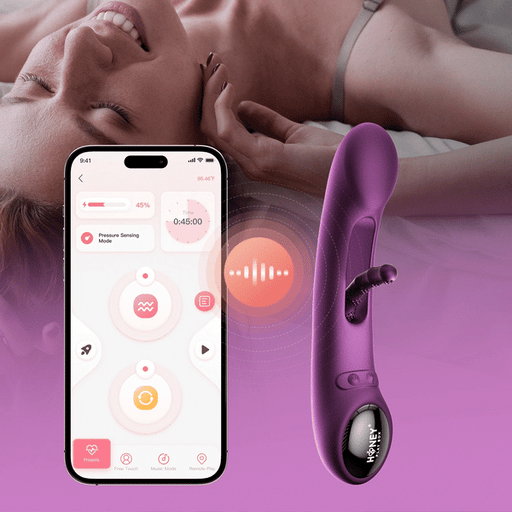 A woman smiles on a bed as a smartphone displays an app alongside the Tempo G-Spot Tapping Pressure Sensing App-Controlled Vibrator, a purple, curved device designed for g-spot stimulation. A pink gradient overlay colors the image.