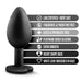 An image of the Temptasia Bling Small Silicone Butt Plug – Black by Blush, showcasing its black, heart-shaped base adorned with a dazzling white gem, along with labels highlighting its standout features: "Lab certified - body safe," "Fragrance & paraffins free," "Latex & phthalate free," and "Platinum cured satin smooth silicone.