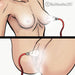 Illustrated image of a person using two different sex toys. In the top half, nipple suction cups are attached to their breasts, while in the bottom half, the Temptasia Clitoris Pleasure and Enhancement System from Blush is being used on their genital area. The image is labeled "© Blush 2017.