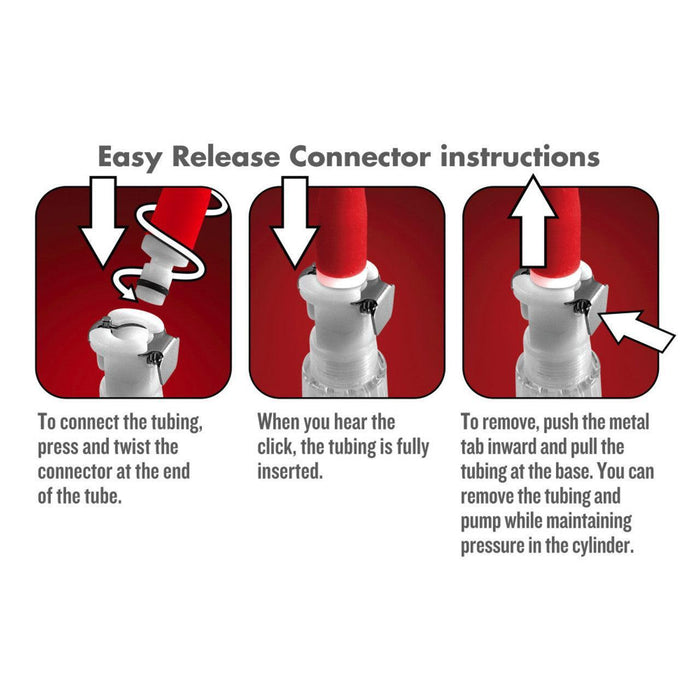 Instructions for the Blush Temptasia Clitoris Pleasure and Enhancement System feature three easy steps for the Easy Release Connector: 1) Press and twist the connector at the tube end. 2) Listen for a click indicating that the tubing is secure. 3) Push the metal tab inward and pull the connector tube at its base while maintaining pressure in the cylinder for optimal results in clit pumping.