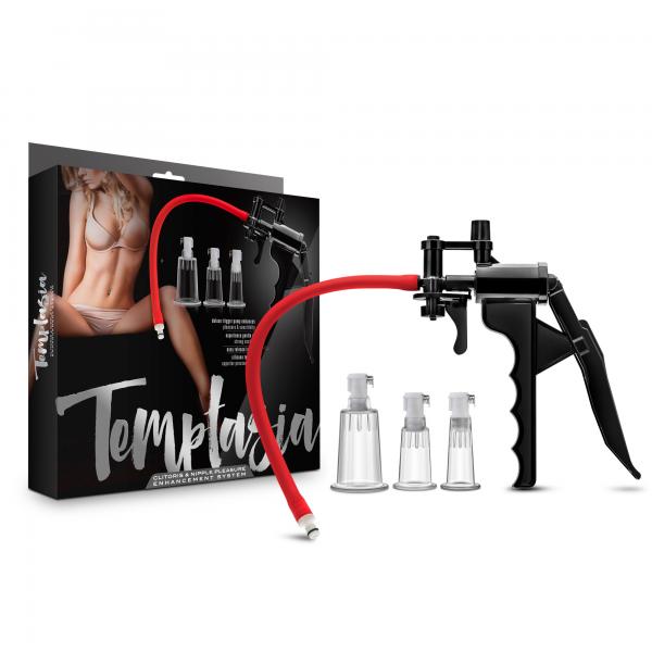 A black suction pump kit with red tubing is displayed next to three clear suction cups of varying sizes, perfect for nipple pumping or clitoral pleasure. The packaging, adorned with an image of a scantily clad woman, is labeled in script font as the "Temptasia Clitoris Pleasure and Enhancement System" by Blush.