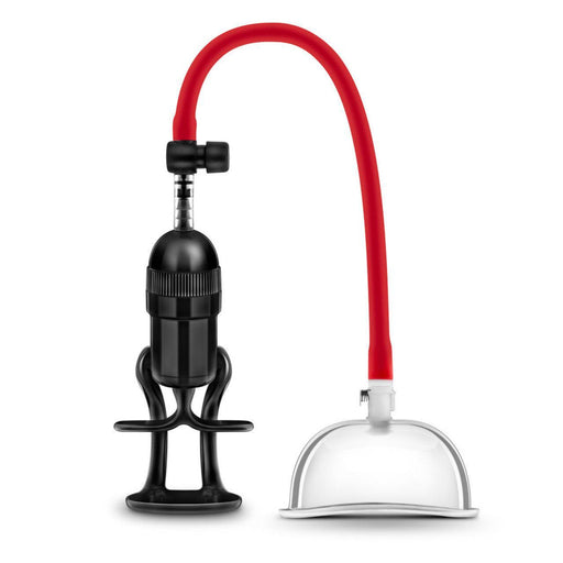 The Temptasia Intense Pussy Pump System by Blush features a black control unit with an attached handle and red tubing connected to a clear plastic breast shield. The flexible tubing connects securely to both components, enabling manual pumping. This design ensures optimal control, akin to vaginal pumping devices.