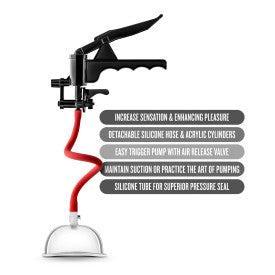 Image of the Blush Temptasia Intense Pussy Pump System featuring a black hand-operated pump connected to a clear acrylic cylinder with a detachable red silicone hose. Text overlays highlight features such as clitoris enhancement, increased sensation, detachable parts, an easy trigger pump with an air release valve, and effective suction maintenance.