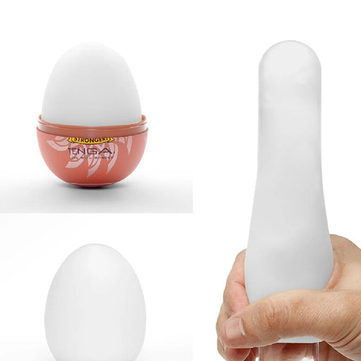 A collage showing three images of rounded objects: the top left shows a Tenga Egg Disposable Penis Masturbator - Cone from the Tenga EGG Series in a cup, the top right features a person holding a frosted glass bottle by its.