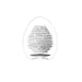 A white, egg-shaped object with a transparent outer shell encases an intricate, spherical structure made of interwoven white bands in its center. The design is modern and abstract, reminiscent of the Tenga Egg Disposable Penis Masturbator - Silky 2 by Tenga, with the object standing upright against a plain white background.