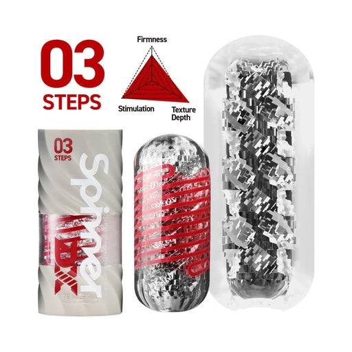 Product image showing the Tenga Spinner DX Steps Textured Masturbator, its packaging, inner texture, and a graph rating firmness, stimulation, texture, and depth. "03 STEPS" is displayed in bold red letters.