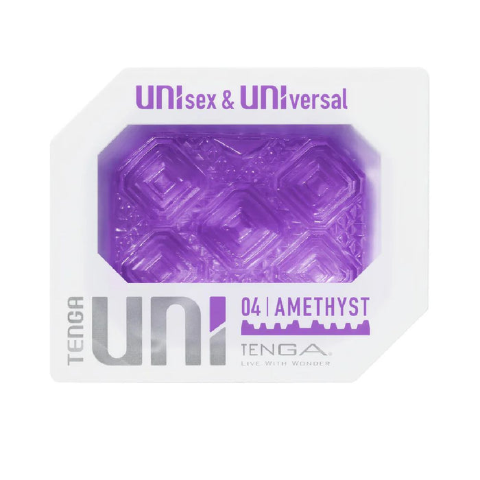 A Tenga product image showing a Tenga Uni Amethyst Textured Finger Sleeve in translucent packaging with labels "unisex & universal" and "04 amethyst." The toy has a geometric textured design.