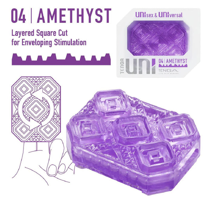 An advertisement featuring a purple, square-cut, geometric patterned object labeled as "amethyst" from Tenga Uni Amethyst Textured Finger Sleeve for Stroking and Clit Massage, described as a discreet masturbator and universal for enveloping stimulation. The design includes orn