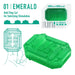 Promotional graphic for a Tenga Uni Emerald Textured Finger Sleeve for Stroking and Clit Massage featuring a green, bold step-textured stroker design. Includes an illustration, 3D sketch, and the actual green product image.