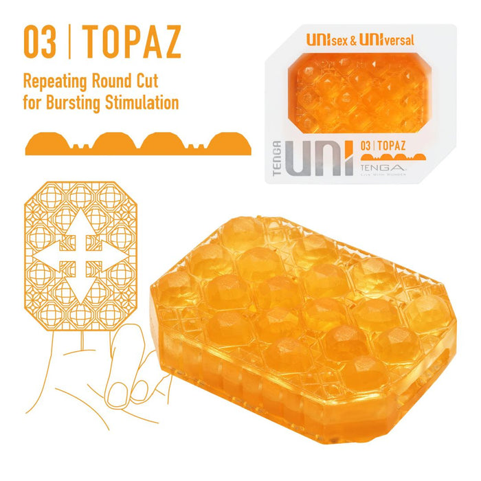 An infographic of a Tenga Uni Topaz Textured Finger Sleeve for Stroking and Clit Massage, featuring a geometric design, a drawing of a hand holding the textured stroker, and packaging labeled "03 | topaz unisex & universal" by Tenga.
