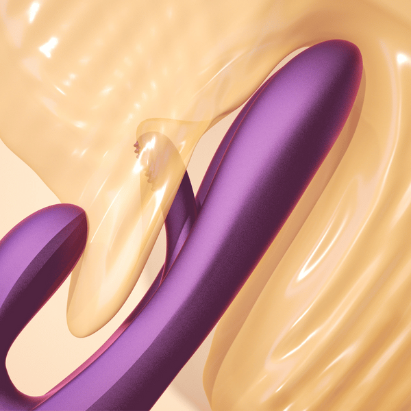 Abstract digital artwork with smooth, curved shapes in purple and translucent gold tones, inspired by the sleek design of the Terri App-Controlled G-Spot Tapping Rabbit Vibrator - Purple, featuring flowing effects and glossy textures.