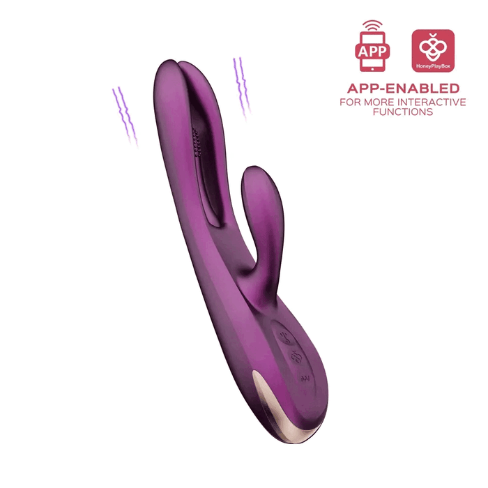 A purple, dual-stimulation sex toy with a sleek, modern design. It features a larger main shaft and a smaller secondary arm for G-spot stimulation. The "Terri App-Controlled Kinky Finger Tapping Rabbit Vibrator - Purple" by Honey Play Box text and logos for app connectivity and interactive controls are shown in the upper right corner.