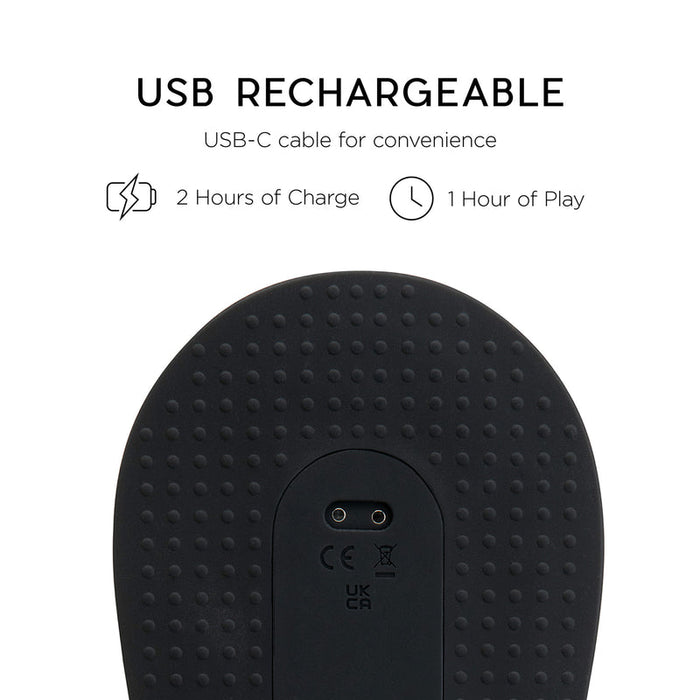 Close-up of The Cowgirl Rodeo Rumbler Grinding Sex Machine, a sleek black rideable toy with a USB-C port. Text above: “USB Rechargeable. Convenient USB-C cable. 2 hrs charge = 1 hr play.” Charging and play time icons shown.