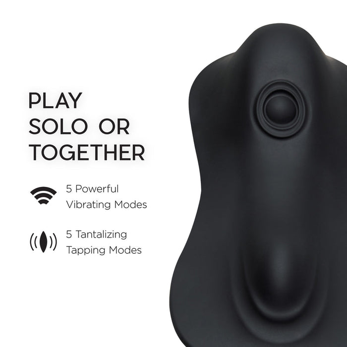 A sleek black Cowgirl Rodeo Rumbler Grinding Sex Machine with buttons is shown next to text: "Play solo or together. 5 vibrating and 5 tapping modes for hands-free stimulation." Wireless and tapping icons are included.