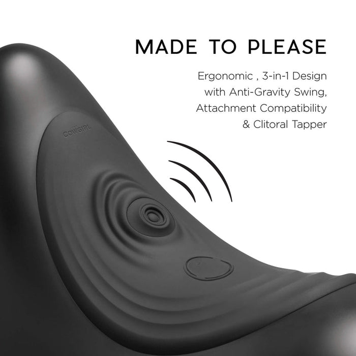 A sleek, black ergonomic device with a rounded form and circular textured area; text beside it reads: "The Cowgirl Saddle Sex Machine—3-in-1 ride-on with vibration, thrusting, rocking, and clitoral tapper. Attachment compatible.