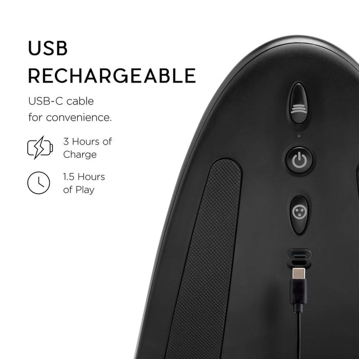 Close-up of The Cowgirl Saddle Sex Machine with Vibration, Thrusting, and Rocking. USB-C cable plugged in. Text: "USB rechargeable—3 hrs charge for 1.5 hrs play. Hands-free pleasure made easy.