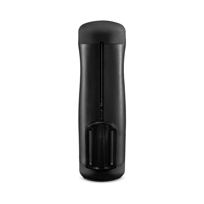 The Handy Adjustable Hand Job Penis Stroker is a black, cylindrical interactive masturbator featuring a vertical slit and small front handle, shown against a plain white background.