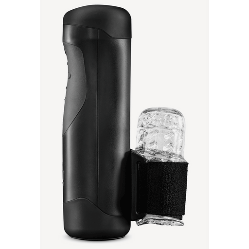 The Handy Adjustable Hand Job Penis Stroker is a black cylindrical interactive masturbator with a clear textured sleeve attached by a black strap, shown against a plain white background.