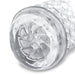 Close-up of The Handy Dream Collection Chrysm Sleeve—a transparent, textured cylindrical stroker with a circular opening and petal-like inner ridges, designed to enhance anal penetration sensations.