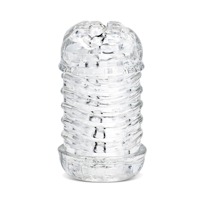 The Handy Dream Collection Touch Sleeve is a clear, ribbed cylindrical sleeve made of transparent material for targeted stimulation, featuring a realistic hand-like grip and designed to stand upright on flat surfaces.