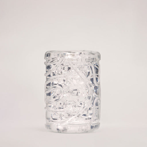 The Handy Mermaid Collection Coral Sleeve – Intense Sensations features a clear tumbler embossed with a swirling mermaid coral pattern, displayed upright against a simple light background.