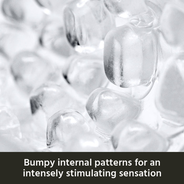 Close-up of translucent, bumpy textures with rounded shapes; overlaid text: “Bumpy internal patterns in The Handy Mermaid Collection Coral Sleeve - Intense Sensations for maximum stimulation.”.