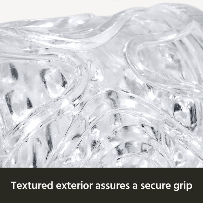 Close-up of The Handy Mermaid Collection Coral Sleeve - Intense Sensations, featuring clear textured material with raised wavy patterns. Text below: “Textured exterior assures a secure grip.”.