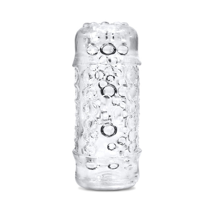 The Handy Mermaid Collection Pearl Sleeve is a clear, cylindrical male masturbator with a textured surface of raised bubble-like patterns, shown upright against a white background.