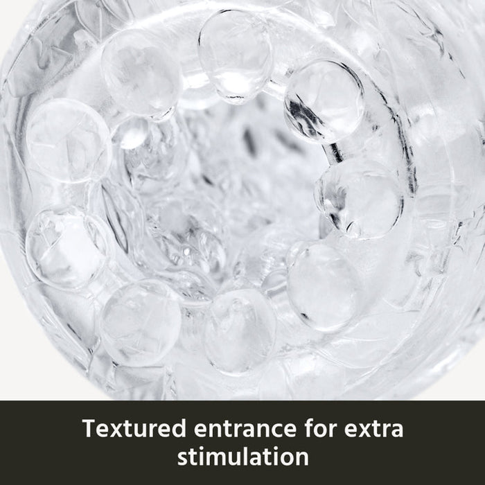 Close-up of The Handy Mermaid Collection Pearl Sleeve shows its transparent, textured design with raised bumps at the entrance. Text below: "Textured entrance for extra stimulation.