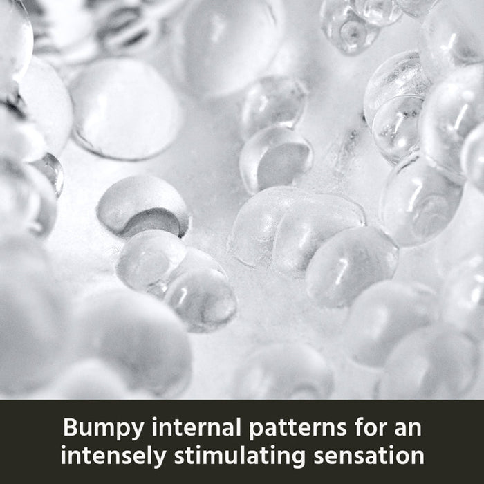 Close-up of transparent, bumpy bubble-like textures. Text: "Bumpy internal patterns deliver intense stimulation in The Handy Mermaid Collection Pearl Sleeve male masturbator.