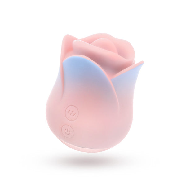 The Kissing Rose Vibrator with Tongue and Lips features a pastel pink and blue rosebud design, made from body-safe silicone with two front buttons, shown on a white background.