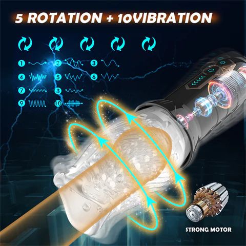 Image showcasing a mechanical device labeled "5 Rotation + 10 Vibration" and "Strong Motor." The Male Rose Powerful Rotating Masturbator by Male Rose features an internal mechanism illustrated with various gears and components. Several arrows around the central part indicate the rotation motion.