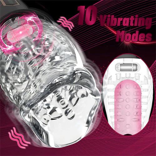 Image showcasing two perspectives of the Male Rose Powerful Rotating Masturbator, featuring the bold text "10 Vibrating Modes." One perspective reveals the device's sleek outer casing, while the other emphasizes its inner textured surface designed for enhanced stimulation. The backdrop is adorned with vibrant pink accents, contributing to its viral status on TikTok.