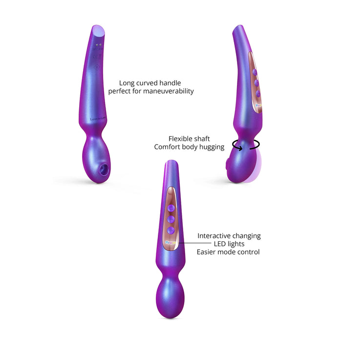 Three views of The Pleaser Flapping Oral Sex Vibrator in purple show its long curved handle, flexible body-hugging shaft, LED lights, and easy mode controls. Features are labeled for comfort, mobility assistance, and enhanced pleasure.