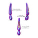 Three views of The Pleaser Flapping Oral Sex Vibrator in purple show its long curved handle, flexible body-hugging shaft, LED lights, and easy mode controls. Features are labeled for comfort, mobility assistance, and enhanced pleasure.