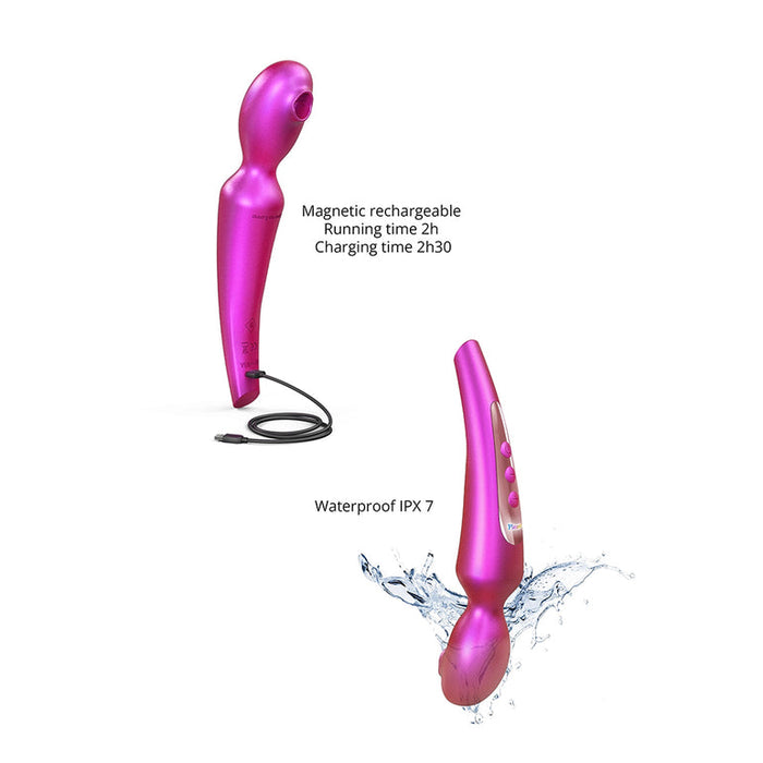 The Pleaser Flapping Oral Sex Vibrator is shown in pink; one image displays magnetic USB charging, another shows it splashing in water. Text highlights "Magnetic rechargeable," "2h running time," and "Waterproof IPX7.