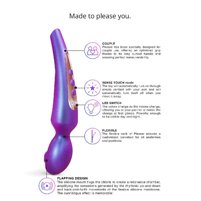The Pleaser Flapping Oral Sex Vibrator is a purple, curved, couple-friendly toy with automatic Sense Touch mode, LED switch, flexible fit for all anatomies, and a flapping design that simulates oral sex for clitoral stimulation.