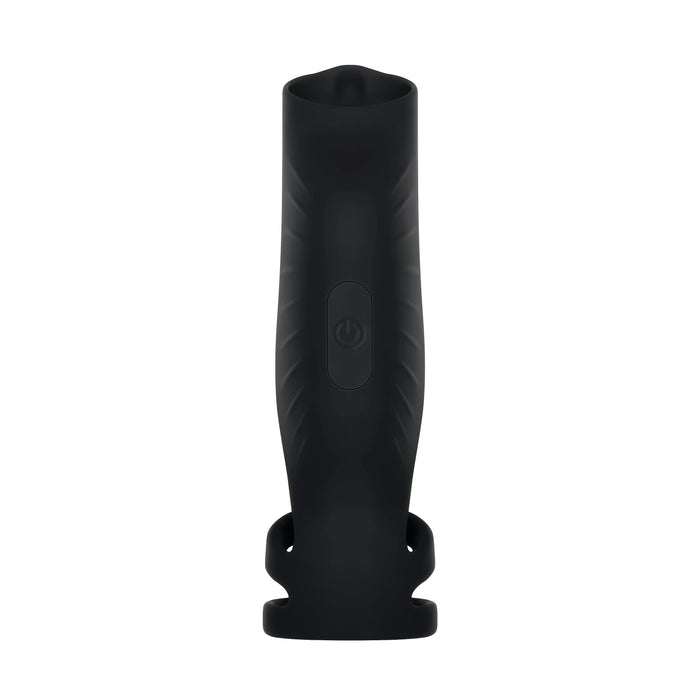 Introducing the Rocketeer Vibrating Penis Enhancer Sheath by Evolved Novelties. This black cylindrical handheld device features a textured exterior and includes a circular power button positioned near the center. Made from body-safe silicone, it boasts an open end at the top and a slightly tapered base with two small protruding handles for enhanced control.